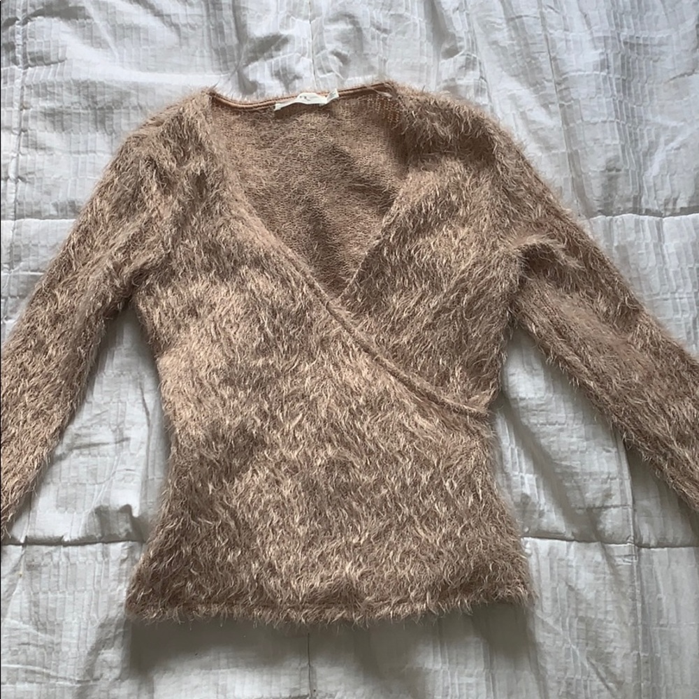 fuzzy wrap front sweater